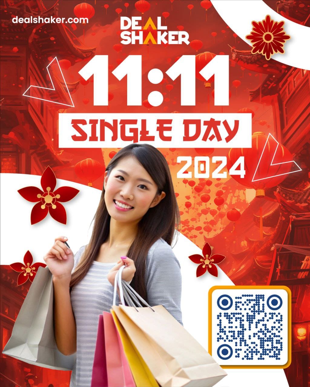 Seorang wanita yang tersenyum merayakan Double Eleven dengan kegembiraan DealShaker saat dia memegang tas belanja dengan kode QR yang bertuliskan "Singles' Day 2024 pukul 11:11 pagi" dengan latar belakang meriah berwarna merah cerah.