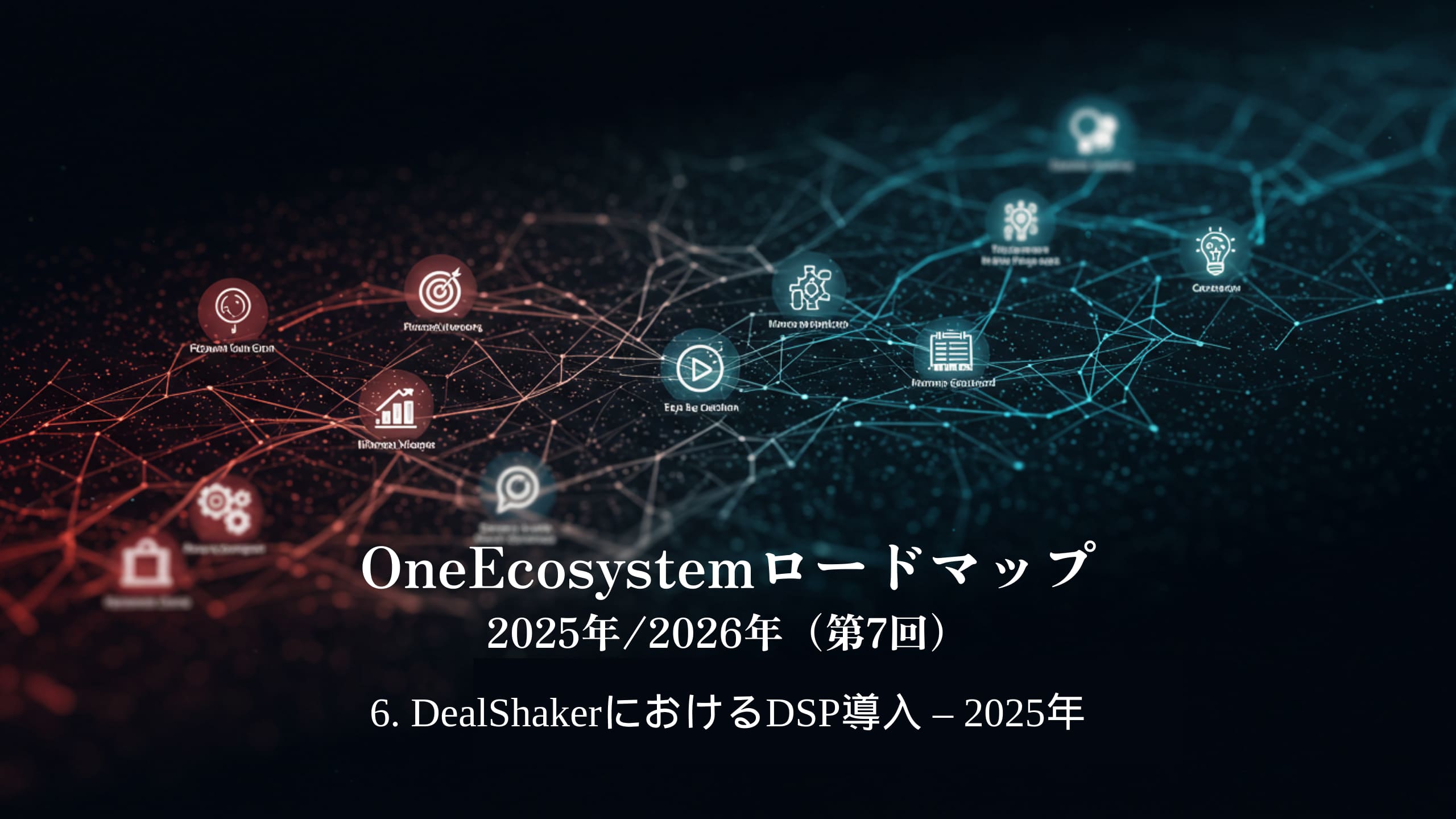 Gradasi biru dan merah membuat teks bahasa Jepang ini makin menonjol: "Peta Jalan OneEcosystem 2025/2026 (Bagian 7) 6. Pengenalan DSP di DealShaker - 2025."
