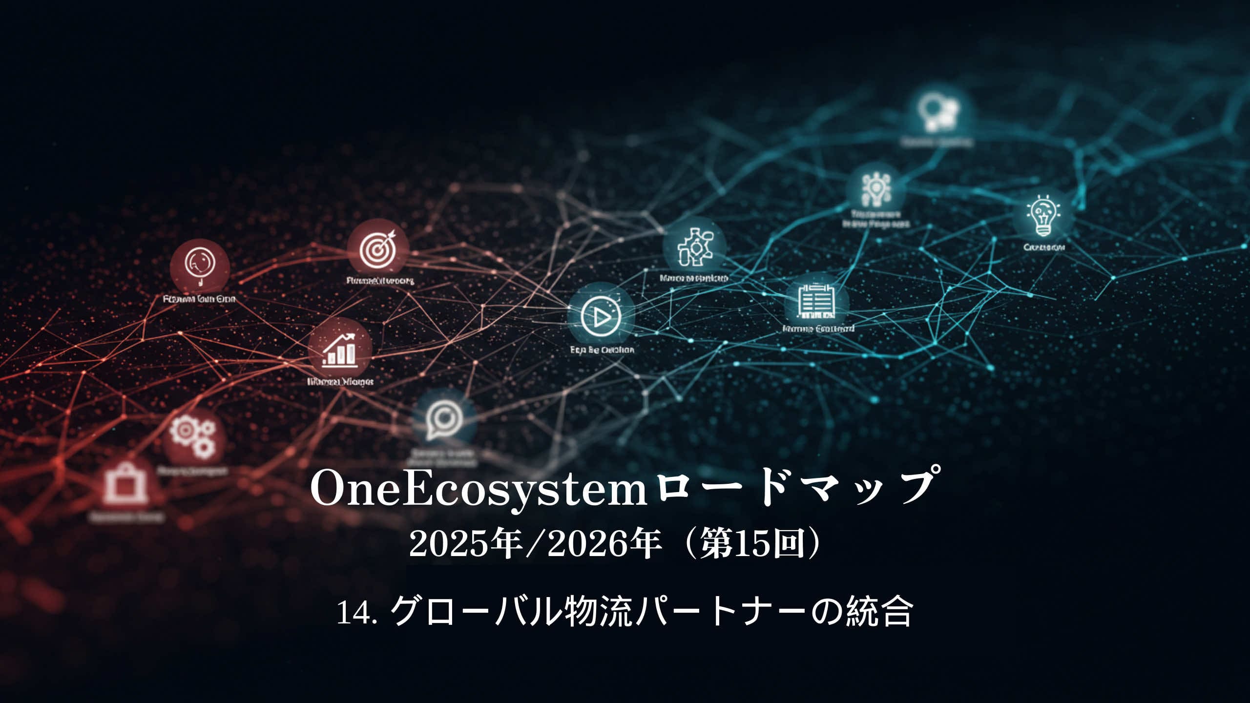 Jaringan digital yang terdiri dari node biru dan merah, ikon layanan teknologi. Teks Jepang: "Peta Jalan OneEcosystem 2025/2026 (15th) 14. Integrasi mitra logistik global".