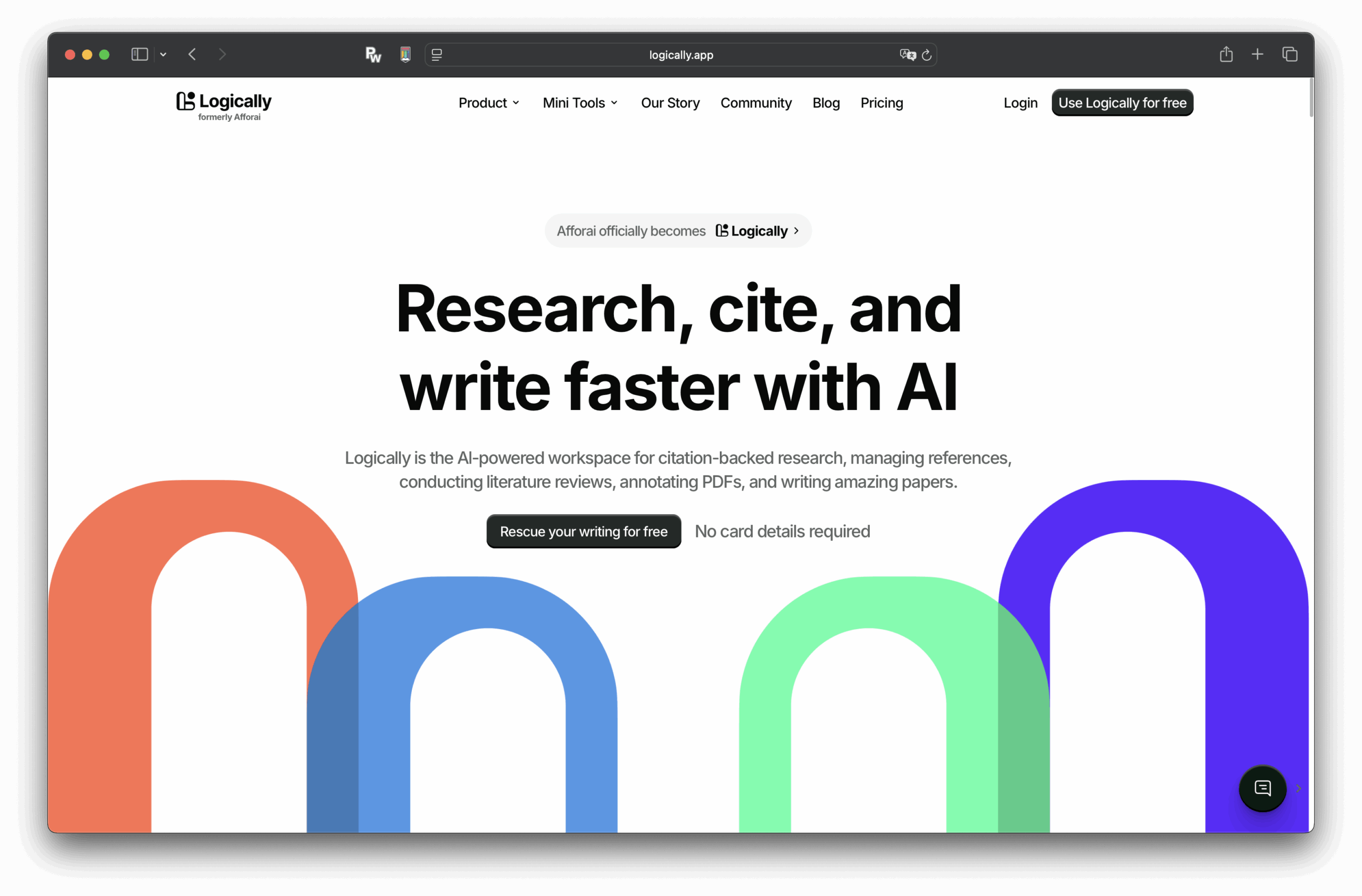 Tangkapan layar halaman atas situs web Logicaly. Teks "Teliti, kutip, dan tulis lebih cepat dengan AI" muncul di atas lengkungan warna-warni, dengan tautan navigasi ke produk, alat, harga, blog, dan opsi masuk di bagian atas. Logis.