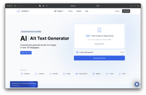 Tangkapan layar generator teks alt bertenaga AI untuk gambar dengan unggahan gambar, input kata kunci SEO khusus, tombol mulai uji coba gratis, dan generator teks alt AltText.ai.