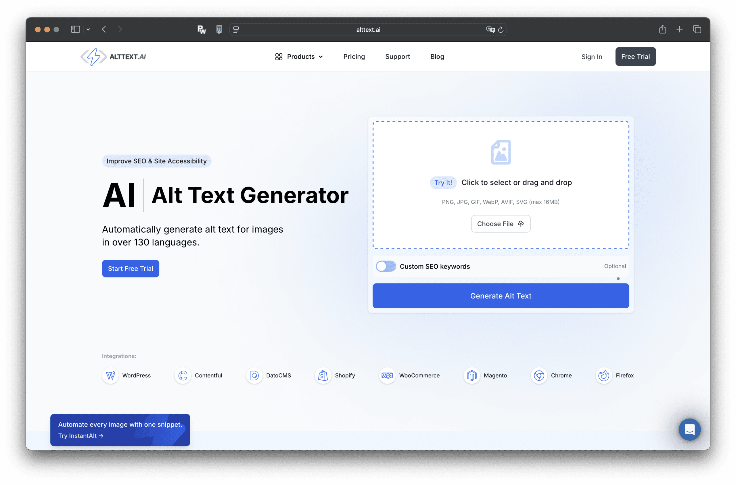 Tangkapan layar generator teks alt bertenaga AI untuk gambar dengan unggahan gambar, input kata kunci SEO khusus, tombol mulai uji coba gratis, dan generator teks alt AltText.ai.