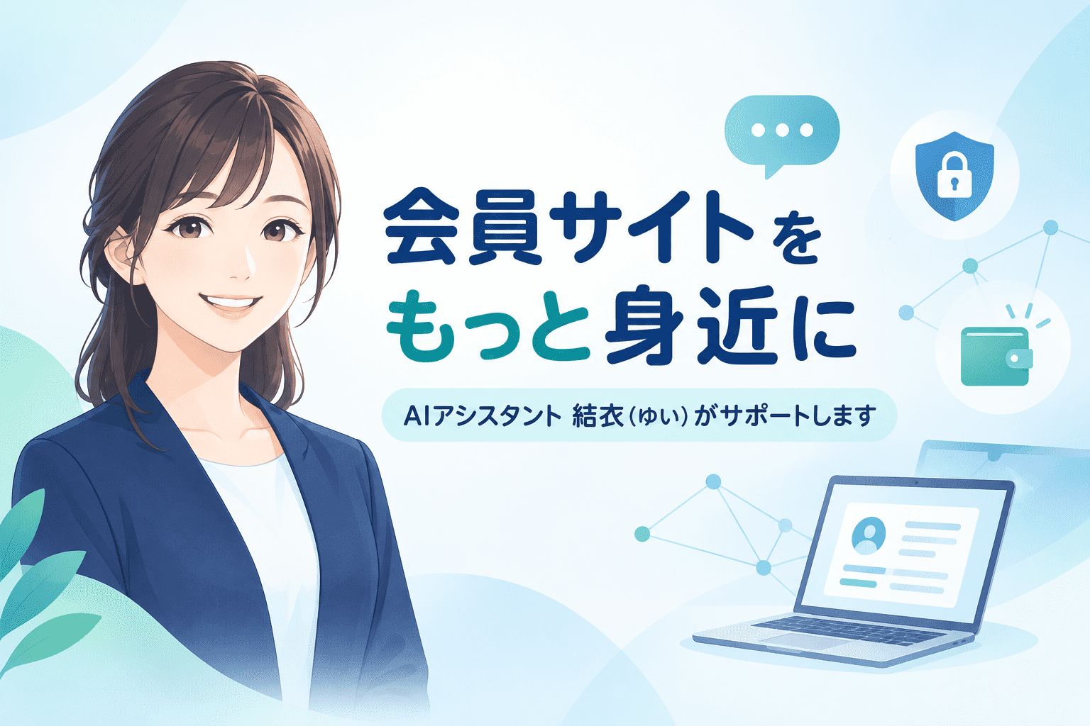 Ilustrasi seorang wanita tersenyum mengenakan setelan bisnis, teks bahasa Jepang tentang "situs anggota" dengan fungsi dukungan, ikon yang mewakili keamanan dan dompet digital, serta laptop yang menampilkan profil. Skema warna didominasi biru dan putih.